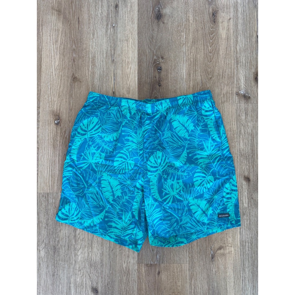 Columbia Swim Trunks Mens XL Teal Tropical Leaf Print Mesh Liner Vacation Pool